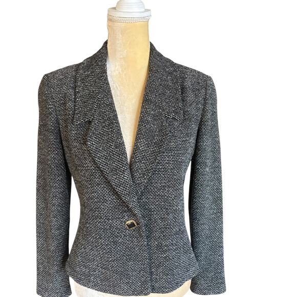 St. John Black White Knit Blazer Jacket Size 6 Marie Gray Single Button - Picture 2 of 11